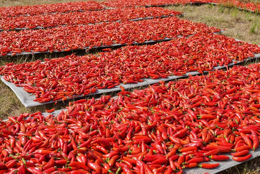 Chili peppers arranged on mesh screens for sun-drying in traditional agricultural setting