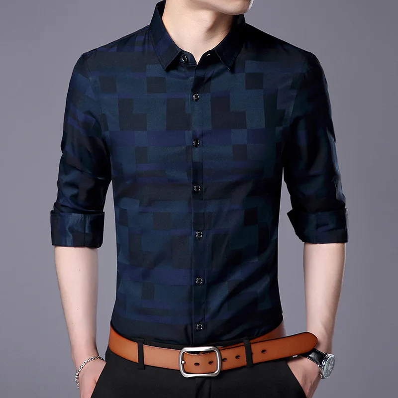 

Plaid Digital Print Long Sleeve Workout Stand Collar Formal Men's Shirts, In available