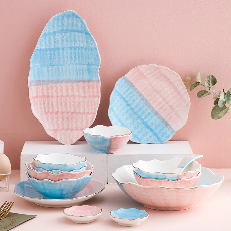 

Ceramic porcelain tableware Phnom Penh rice bowl dish soup plate flavored dish spoon household couple set wholesale, Pink