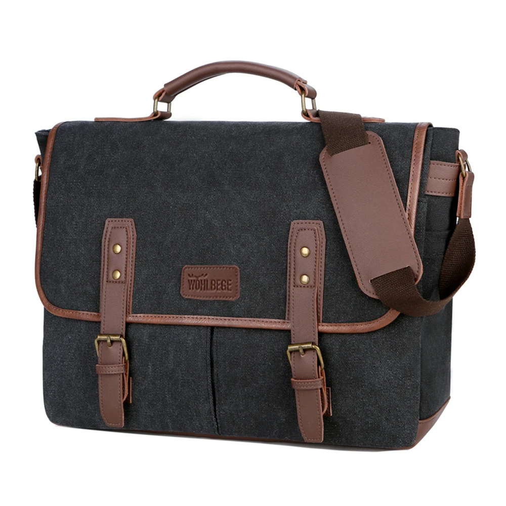 

Stocked in USA warehouse WOHLBEGE vintage 14 inch office blue briefcase canvas travel laptop bags for men, Khaki, gray, coffee, blue, black,army green