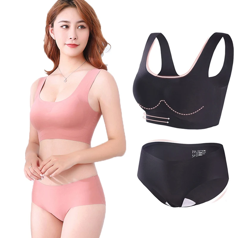 

S-XL Women one piece traceless sleep breathable vest training ice silk plain color young girls seamless air bra and panties set