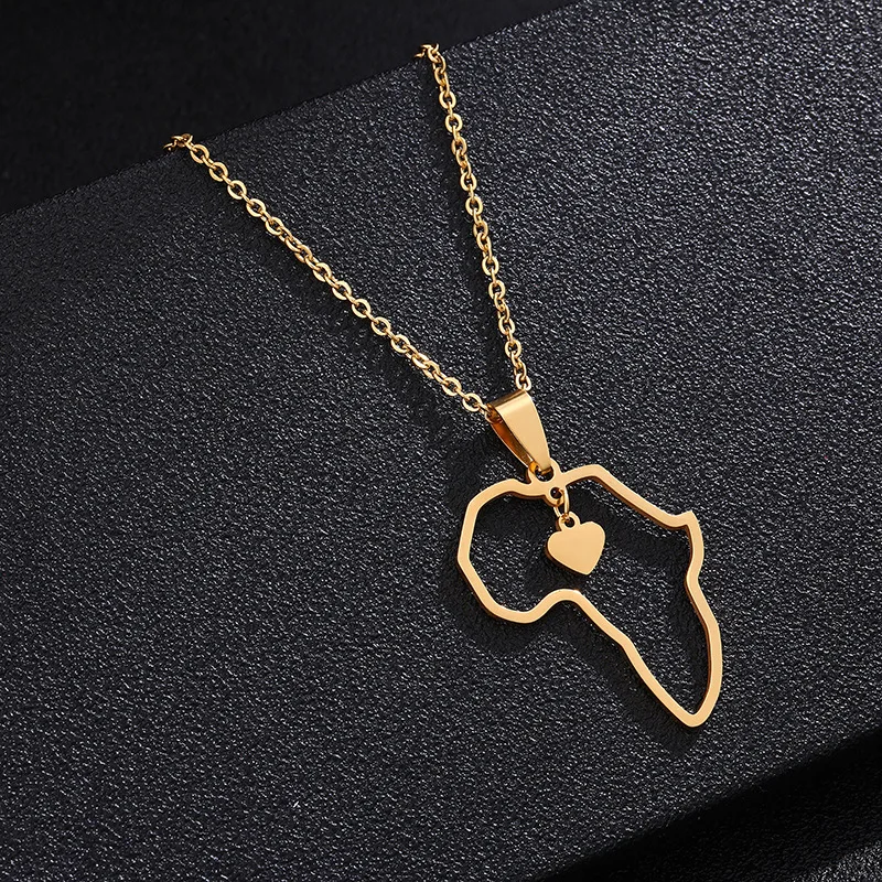 

Women Men Jewelry Custom Cross Heart Stainless Steel African 18kGold Plated Africa Map Pendant Necklace Collier Acier Inoxydable, Gold,silver
