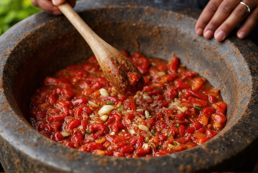 Traditional Indonesian sambal being prepared in a stone mortar with fresh red chilies, garlic, and shallots