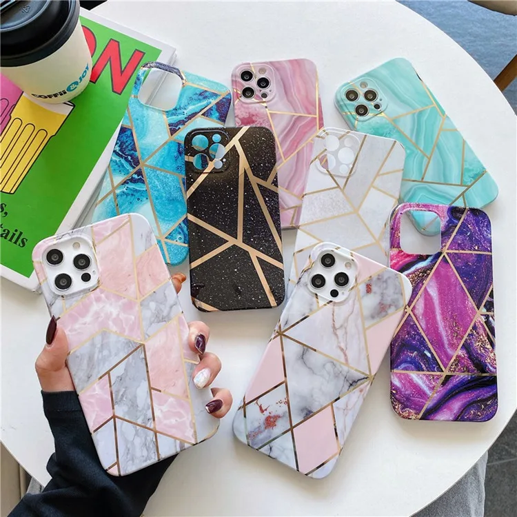 

Luxury Electroplating Geometric Marble Phone Case For Apple iPhone 11 Pro Max 12 Mini Xs/X Xr Women Protective IMD Case Cover