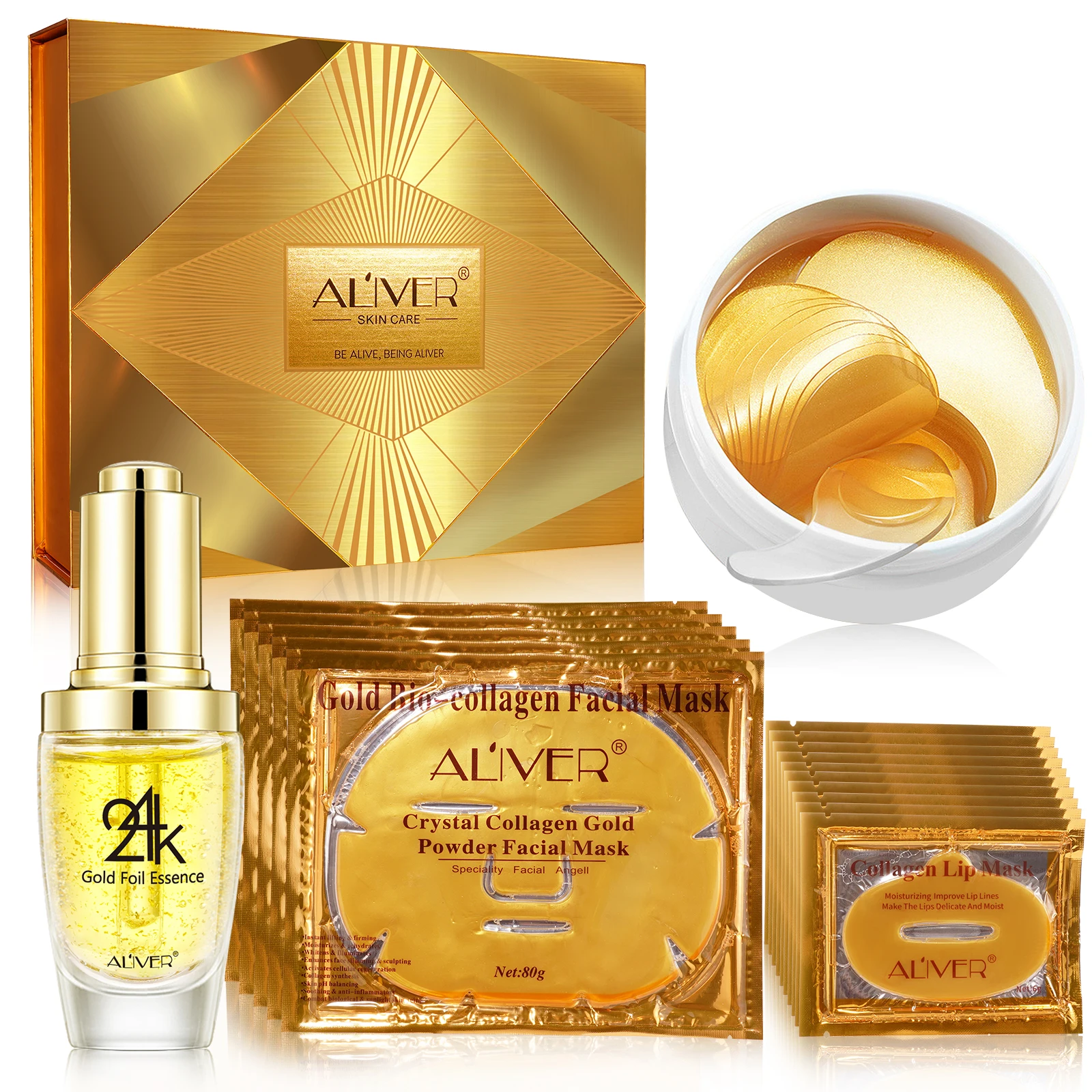 

ALIVER Hot Sales 24K Gold facial mask eye mask collagen lip mask and 24k gold serum limited Christmas gift set