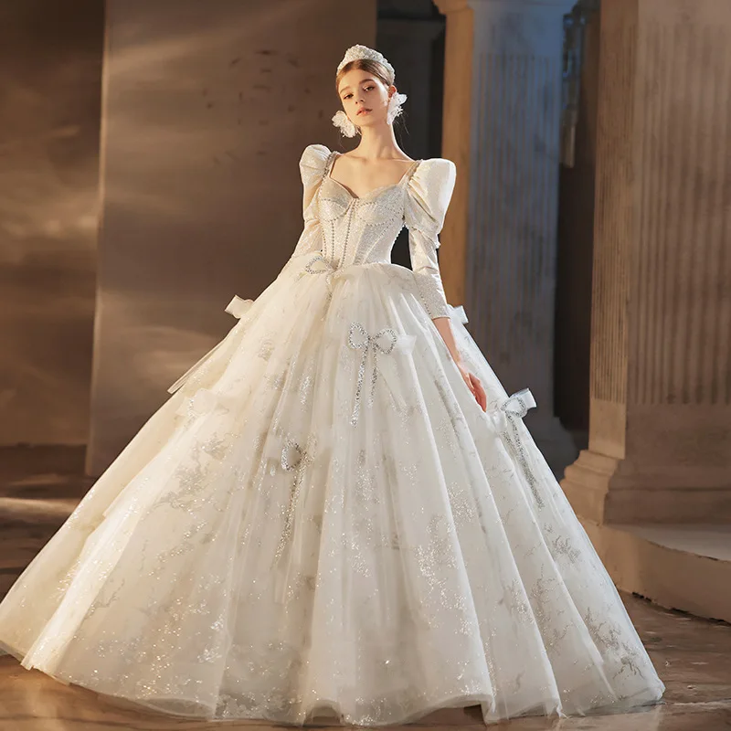 

Custom Lace Sequins Bridal Dresses White Wedding Dress Crystal Beads Sequins Women Luxury Beaded Wedding Dress