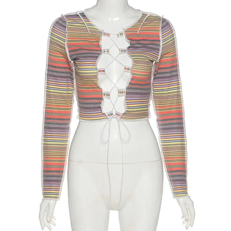 

2021 new arrivals fashion autumn Striped cross strings women knitted ladies long sleeves crop top, As picture