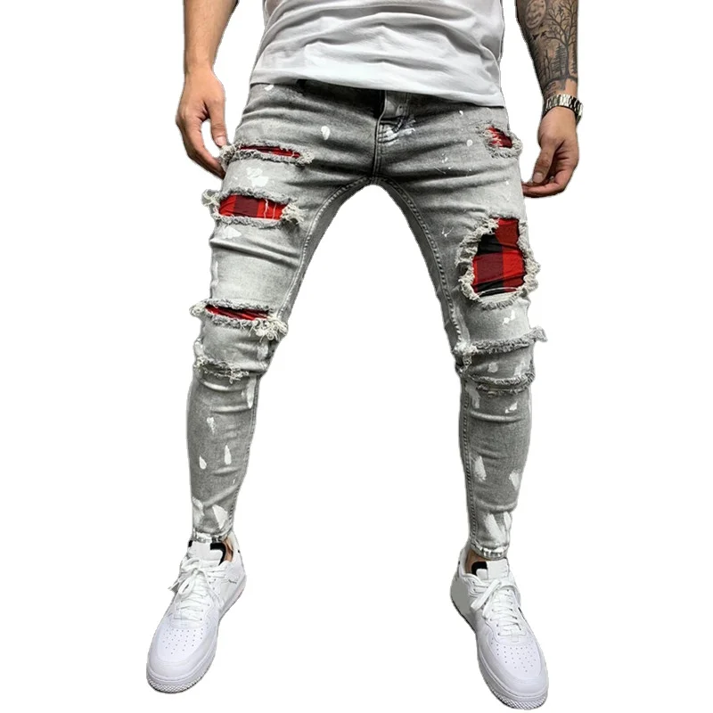 

New Men Ripped Patch Elastic Biker Skinny Jeans Streetwear Hip Hop Male Solid Cotton Jogger Denim Trousers, Black scratch jeans