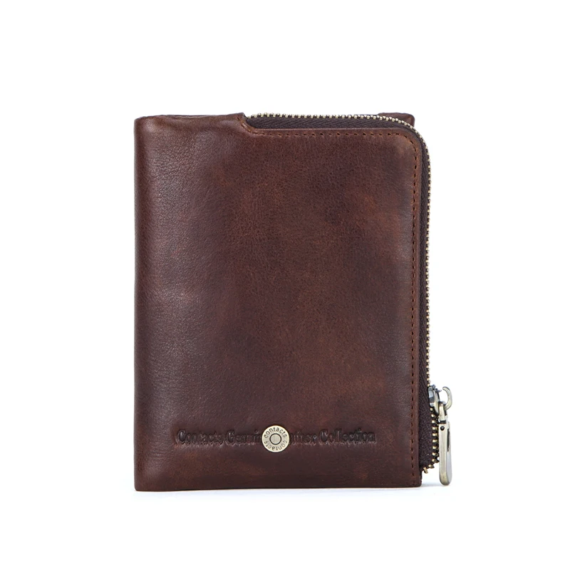 

CONTACT'S New Small Wallet Men Crazy Horse Wallets Coin Purse Quality Short Male Money Bag Rifd Cow Leather Card Wallet Cartera, Coffee