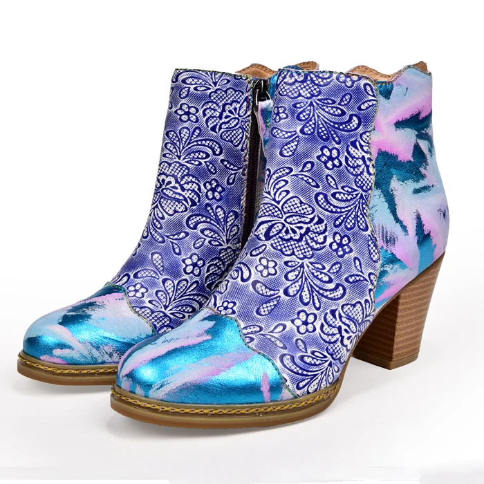 

New Cowgirl Fashion Floral Cowhide Leather Handmade High Block Heels Ankle Boots Women Comfy Boots Unique Bootie