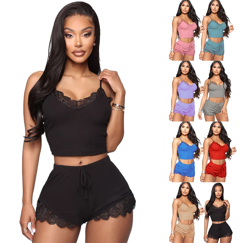 

Hot Sale Summer Night Pajamas Sets Women Fashion 2 Piece Camis Pyjama set Sexy Lace Suspender Shorts Two Piece Pajama Set, Picture shows