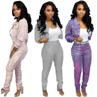 

New Arrivals Fashion Women Turn Down Collar Long Sleeve Crop Jacket Slim Pants 2 Pieces Set Sequin Shining Jumpsuit