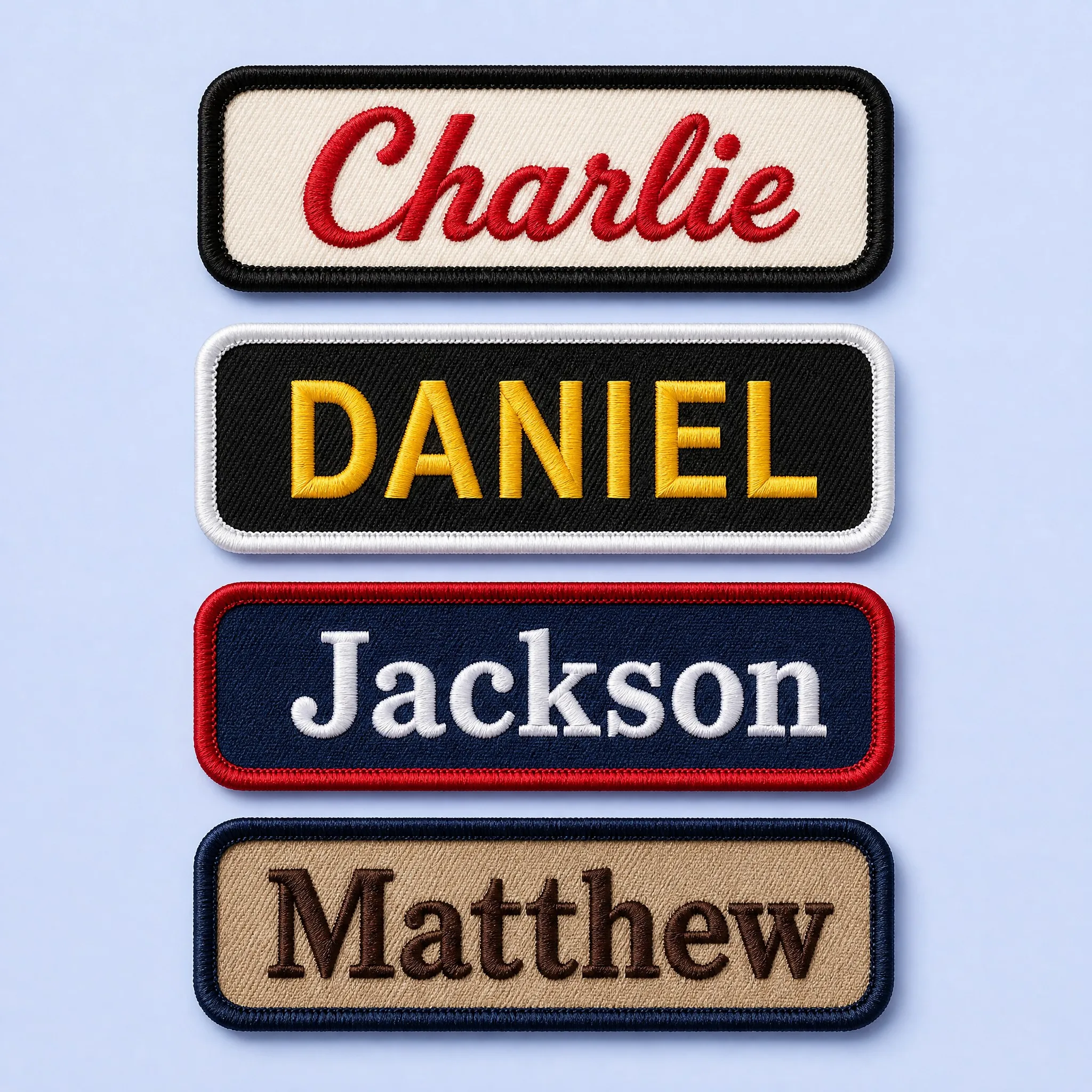 4 Custom Name Patch Typography Styles: Charlie Red Script, DANIEL Yellow Block, Jackson White Serif, Matthew Brown Slab Serif