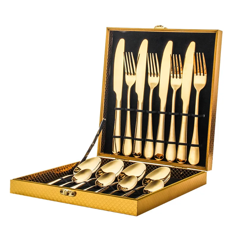 

C452 Stainless Steel Cutlery 16-piece Gift Golden Wooden Box Set Gold Plated Western Style Tableware Knife Fork Spoon Dinner Set, 4 colors