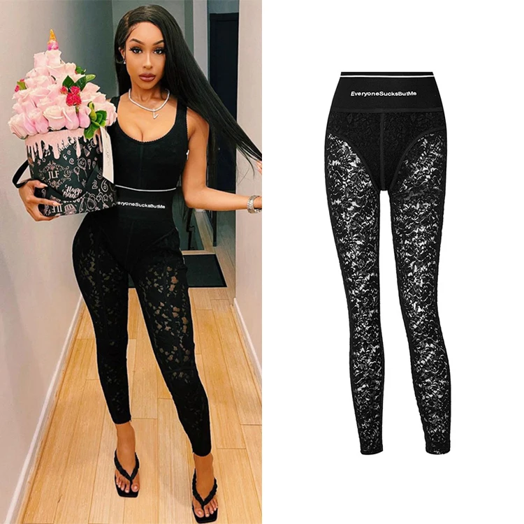 

2021 Wholesale Summer New Design Print Patchwork Lace Leggings Zipper Sexy Club Bodycon Black Women'S Pants