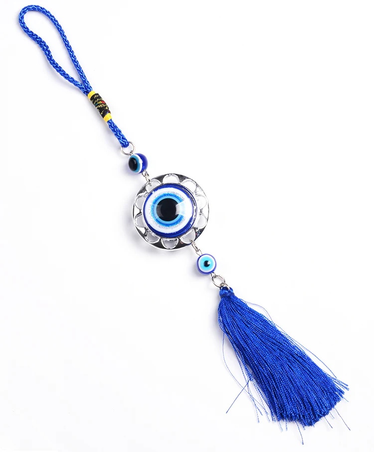 

Hot Selling Alloy Luxury Design Blue Resin Lucky Evil Eye with Tassel for Car Hangings Decorations