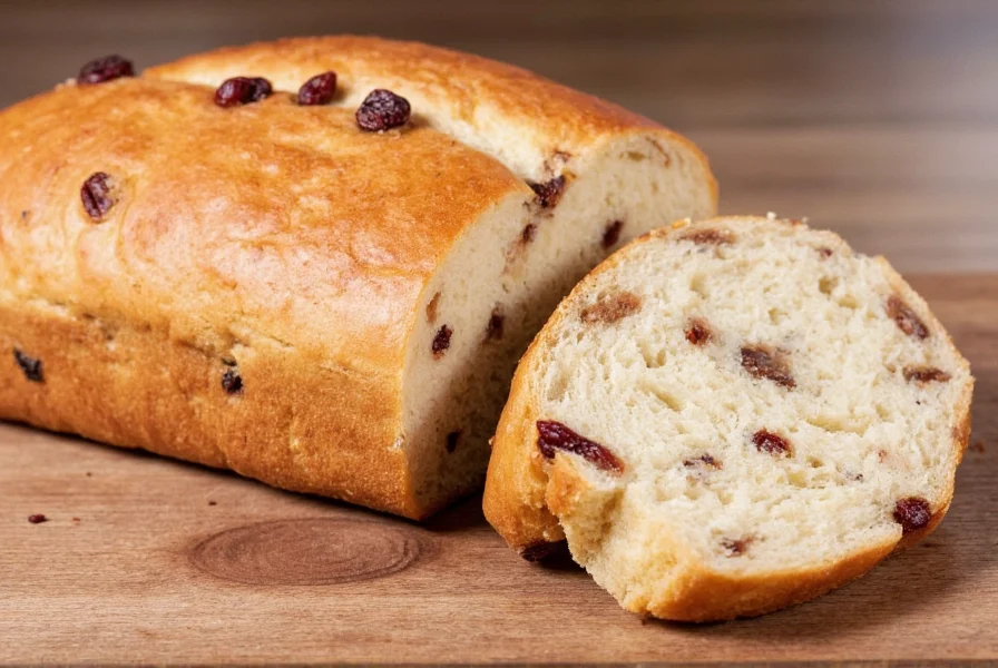 Finished cinnamon raisin bread sliced open showing perfect texture and raisin distribution