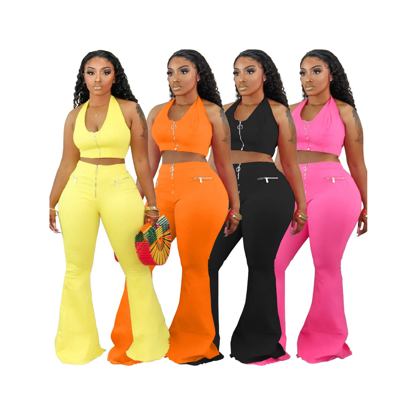 

Fashion Vest Women Crop Tops Flare Out Pants Wide Legs Solid Color jogging suit for women two piece short set, As show