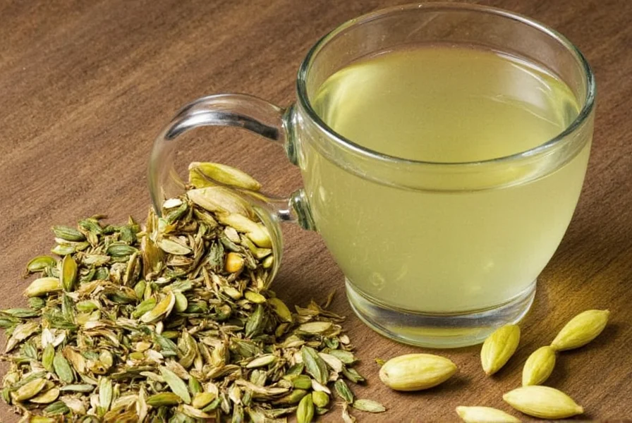 Fresh cardamom pods and brewed cardamom tea in a traditional cup