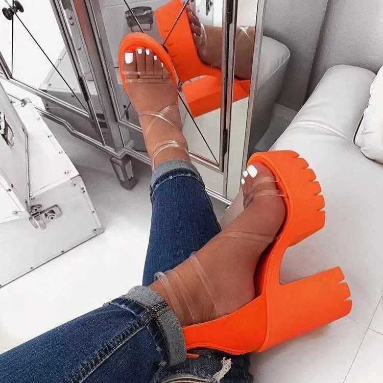 

Women High-heeled Cross PVC Straps Platform Sandals Sexy Chunky Heel Shoes Thick Bottom Footwear NZTX515