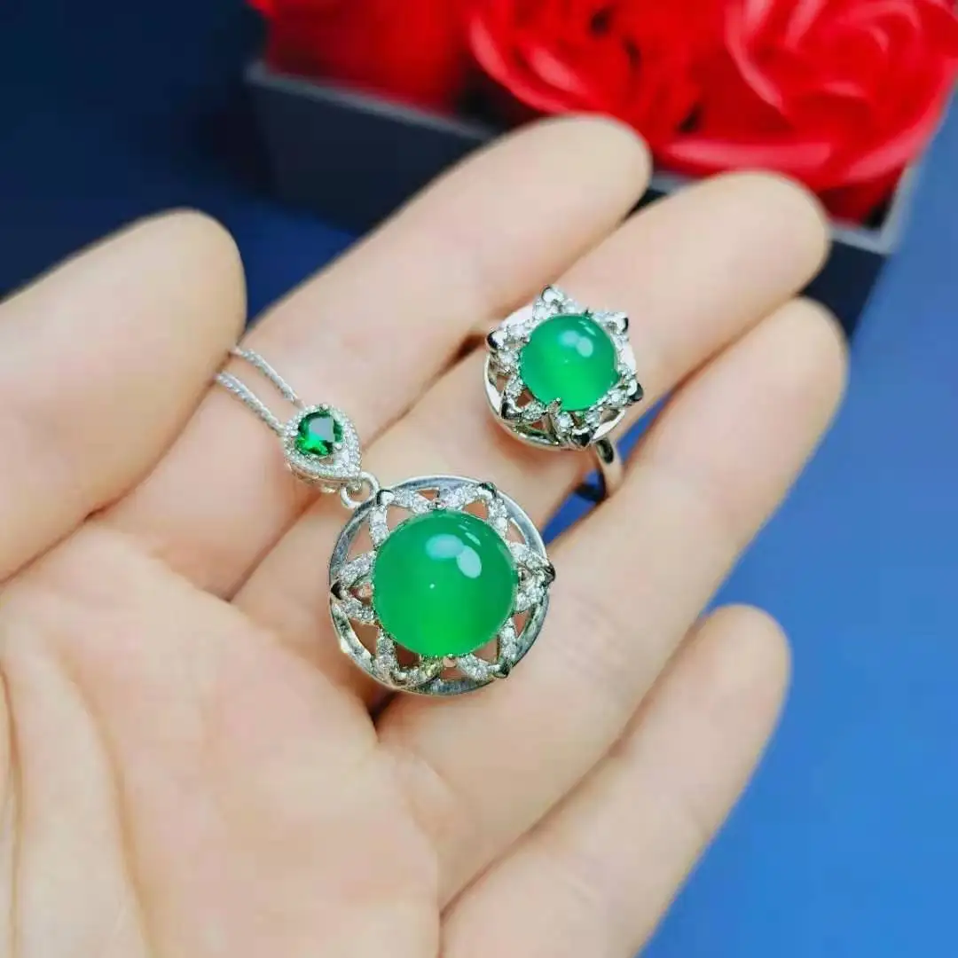 

Certified High Ice S925 Silver Inlaid Green Chalcedony Bead Pendant Women's Ring Two-Piece Set