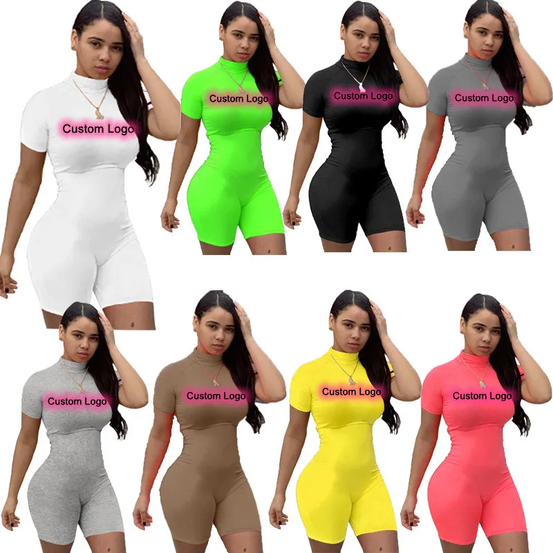 

2021 new arrival High Elastic Sport 2XL Zip Up Turtleneck Sexy Short Sleeve bodycon outfit One Piece Woman Bodysuits, In available