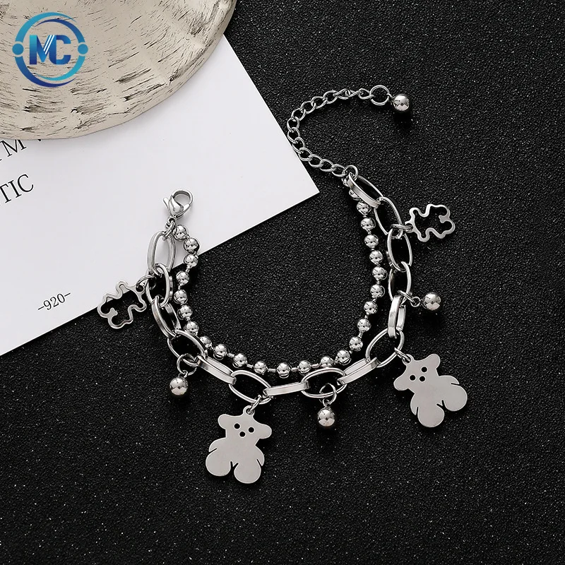 

Multi-Layer Metal Punk Ins Bracelet Korean Style Simple Personalized Cold Style Trendy Men's and Women's Disco Bear Bracelet, Silver color