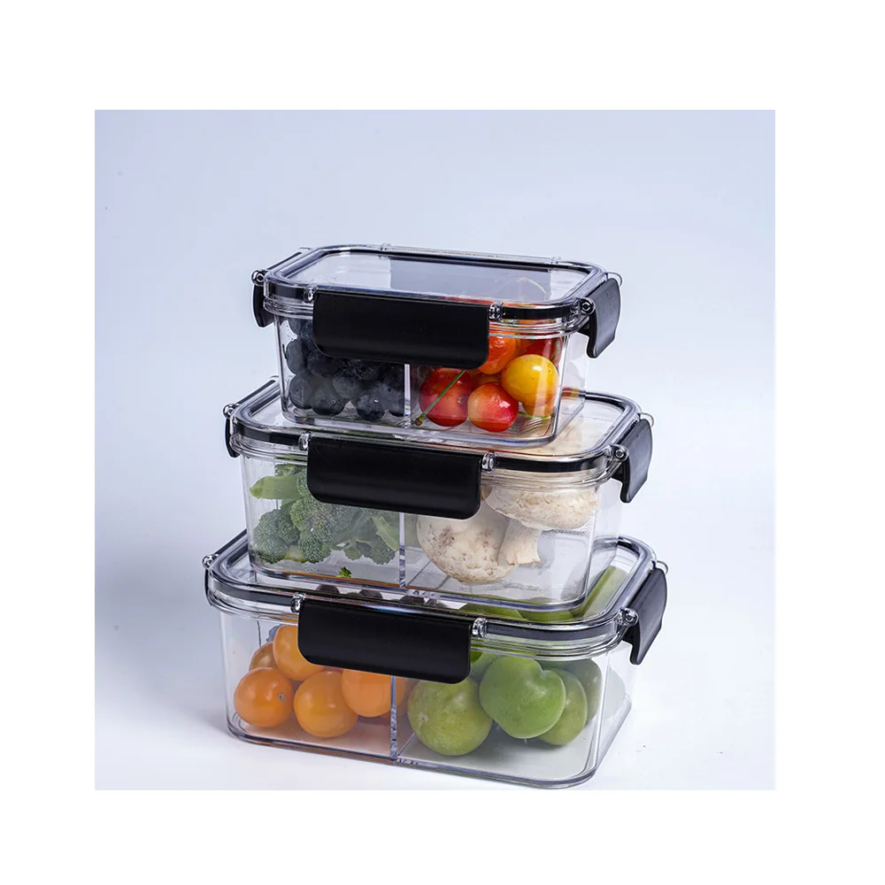 

JX- 3 Grid Reusable Plastic Food Storage Containers with Lids Stackable Refrigerator Crisper Box Fresh Snacks Fruit Storage Box, Transparent
