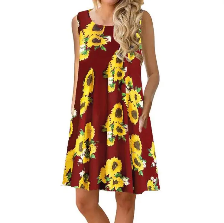 

New style summer sleeveless floral print ladies dress boho apparel women dress, As pictures