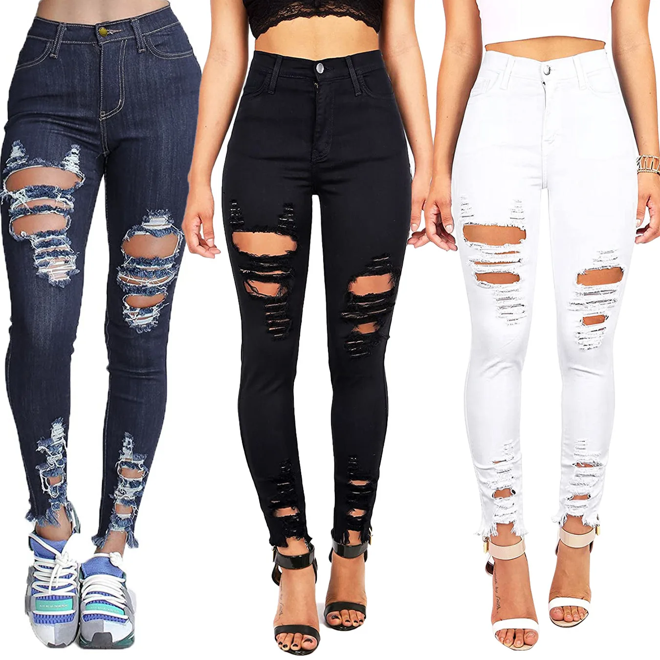 

2021 New Hot Sale Fashion Elastic Hole Slim Skinny Leggings High Waist Ripped Jeans