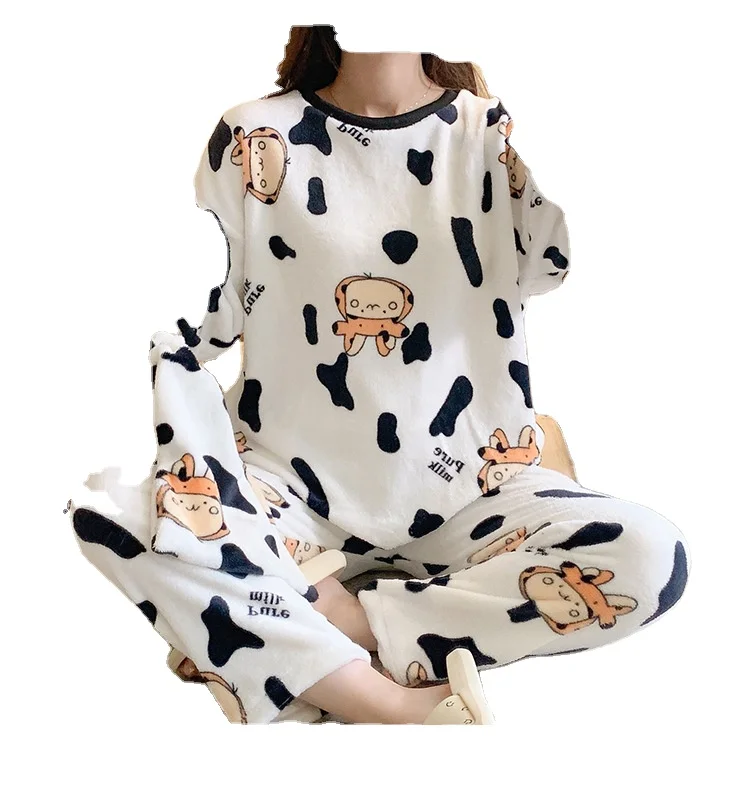 

ecowalson Autumn Winter Warm Women Pyjamas Sets Thick Coral Velvet Long Sleeve Cartoon Sleepwear Pajama