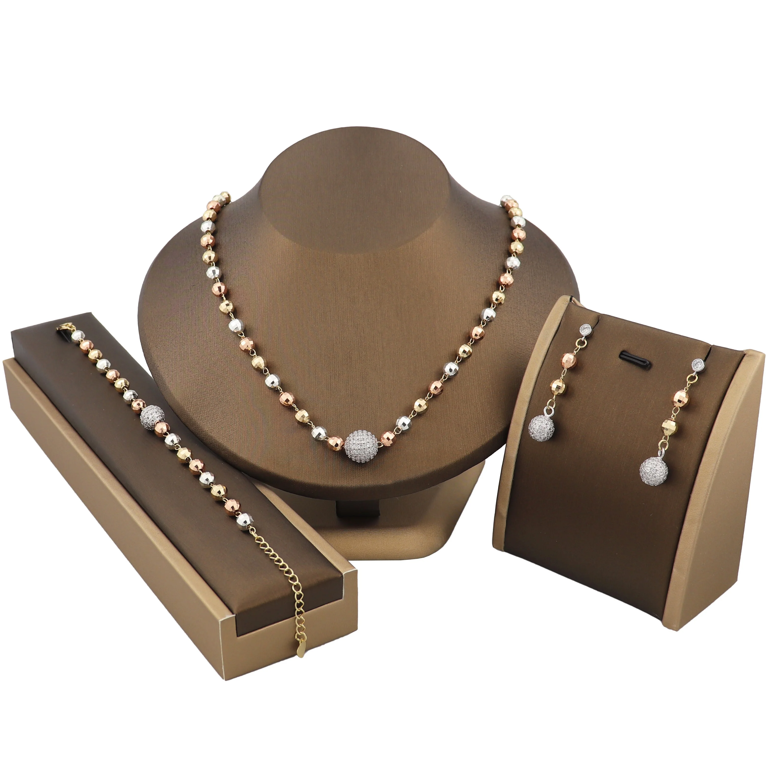 

Fashion high quality Tri-color big ball optical maser bead 3 pieces gold plated women jewelry set