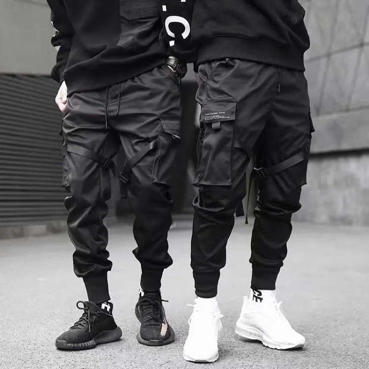 

Joggers Men Pants Men Ribbons Color Block Black Pocket Cargo Pants Harem Harajuku Sweatpants Hip Hop Trousers Cool Men Pants, Balck