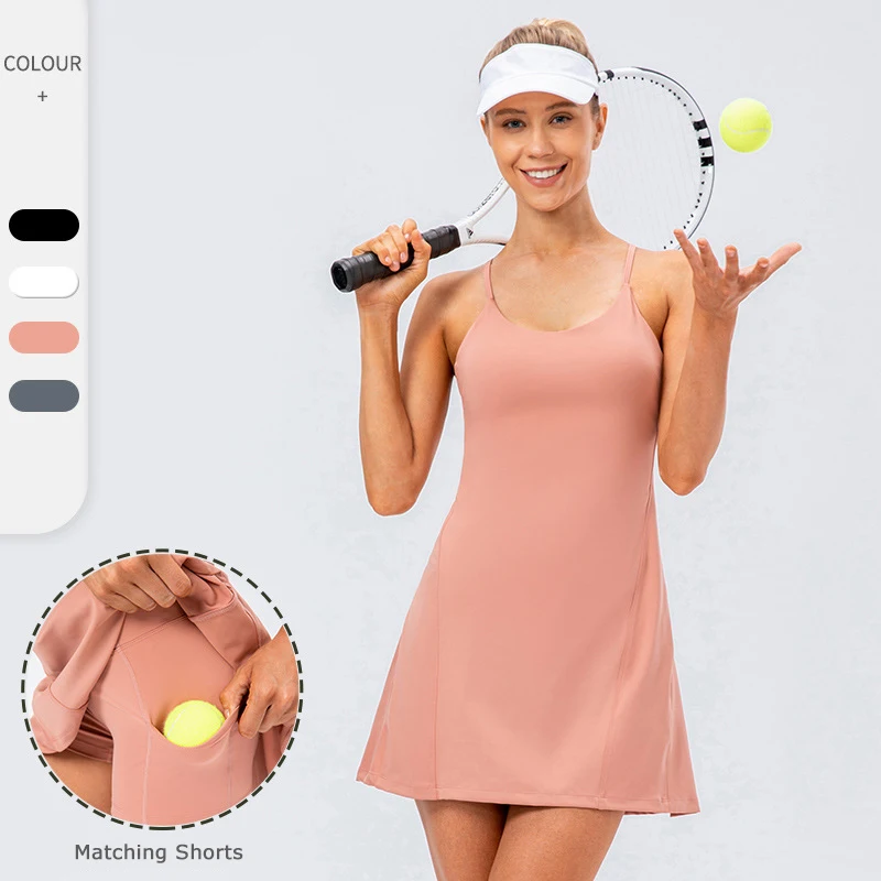

Nude Soft Feel 80 Nylon 20 Spandex Yoga Golf Sports Pocket One Piece Fitness Girls Strap Badminton Tennis Dress, 4 colors