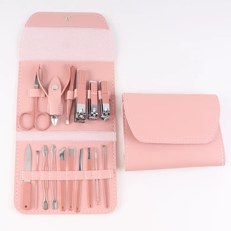

12pcs manicure tool nail care equipment stainless steel nail clippers set scissors beauty tools Manicure Pedicure Kit, Pink