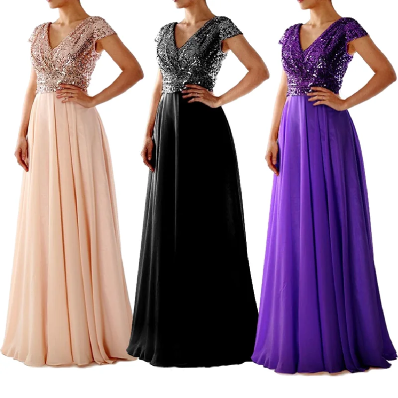 

RM1016 2021 new Style V Neck Chiffon Splicing Sequin Evening Dresses Bridesmaid Dresses Long Dress