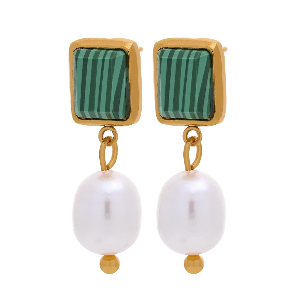 

JINYOU 661 Square Green Natural Stone Malachite Natural Freshwater Pearl Drop Dangle Earrings Stainless Steel Waterproof Jewelry