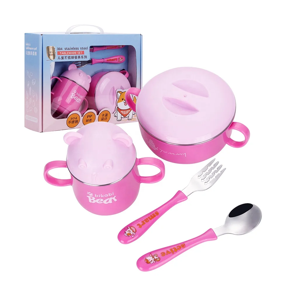 

Food grade 304# children cutlery set stainless steel dinnerware bowl cup kids tableware with spoon fork, Blue, pink