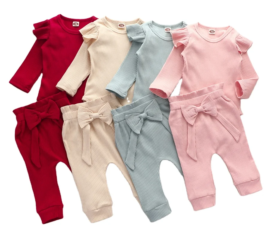 

Infant long sleeve solid ruffle romper pant 2pcs set toddler girls clothing kids ribbed bowknot new born baby clothes sets