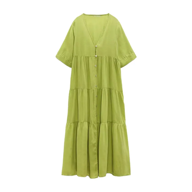 

Za Women 2021 New Chic Fashion Dress Vintage V Neck Puff Sleeve Stratification Gown Female Dresses Vestidos Mujer, Picture color