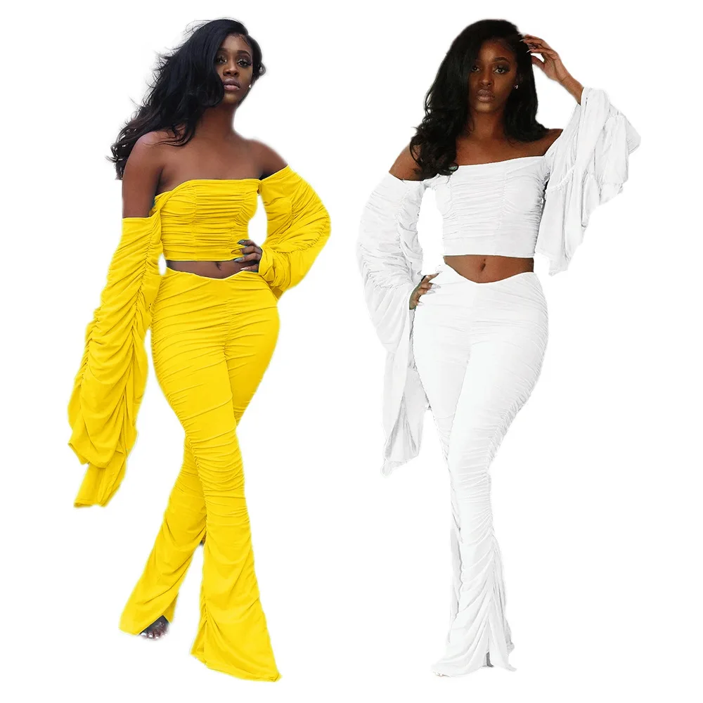 

Autum Clothing 2 Piece Women Set Solid Casual Set Long Sleeve Crop Top Off Shoulder Tracksuits Plus Size Sweater+Stacked Pants, Yellow/white