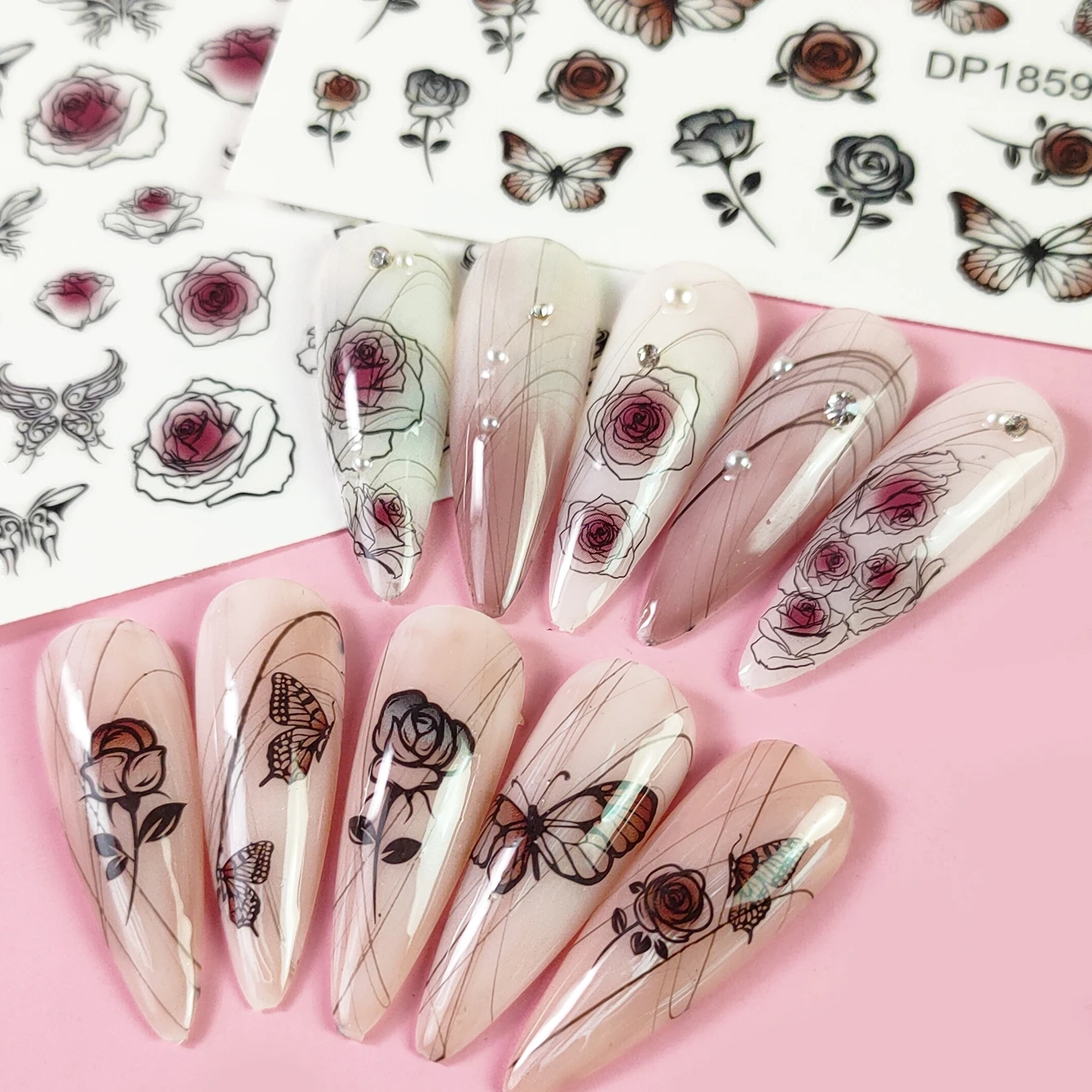 

Dark Wind Nail Sticker Butterfly Flower Rose Nail Sticker Student Beginner Handdrawn Nail Sticker Wholesale