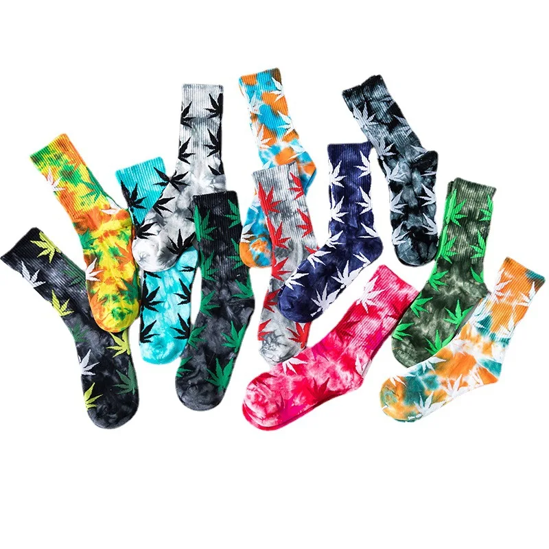 

Men And Women Fashion Sport Tie-Dye Socks Street Maple Leaf Weed Hip Hop Unisex Tie Dye Socks, 12 colors