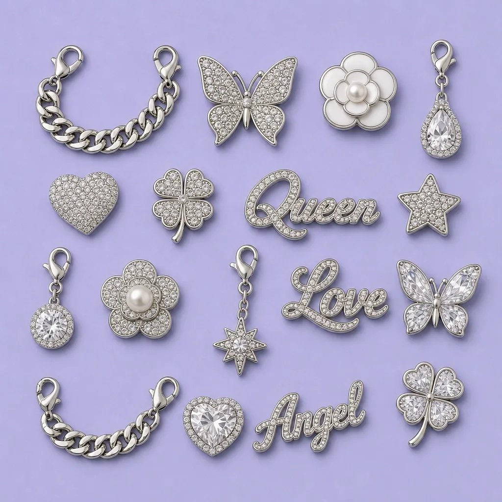 Luxury charm library laid out with chains, crystal butterflies, pearl flowers and script name charms