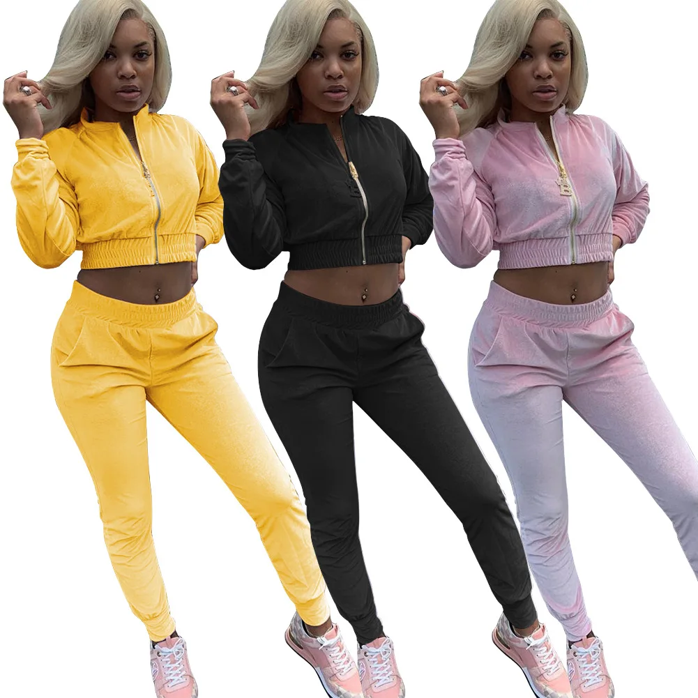 

2020 Winter Fashion Women Zipper Crop Top Pants Set Outfit 2 Piece Pants Set, Pink/black/yellow