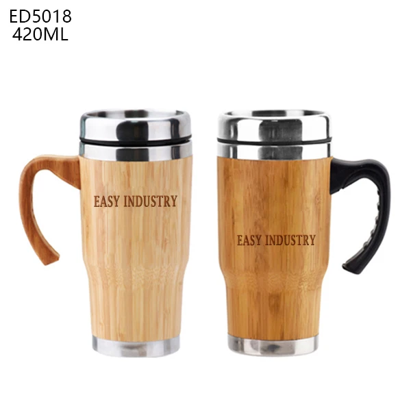 CND6020  410ML/14OZ stainless steel inner bamboo body cup coffee travel mug with plastic bamboo handle water bottle