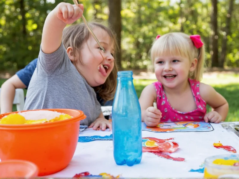 Child painting recycled bottle craft at outdoor table