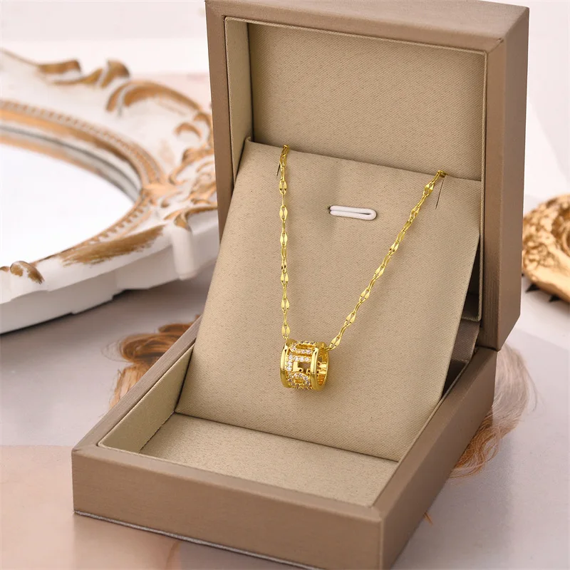 

Sailing Jewelry Newest Gold Plated Cylindrical Necklace Luxury Crystal Love Alphabet Titanium Steel Hollow Cylindrical Necklace