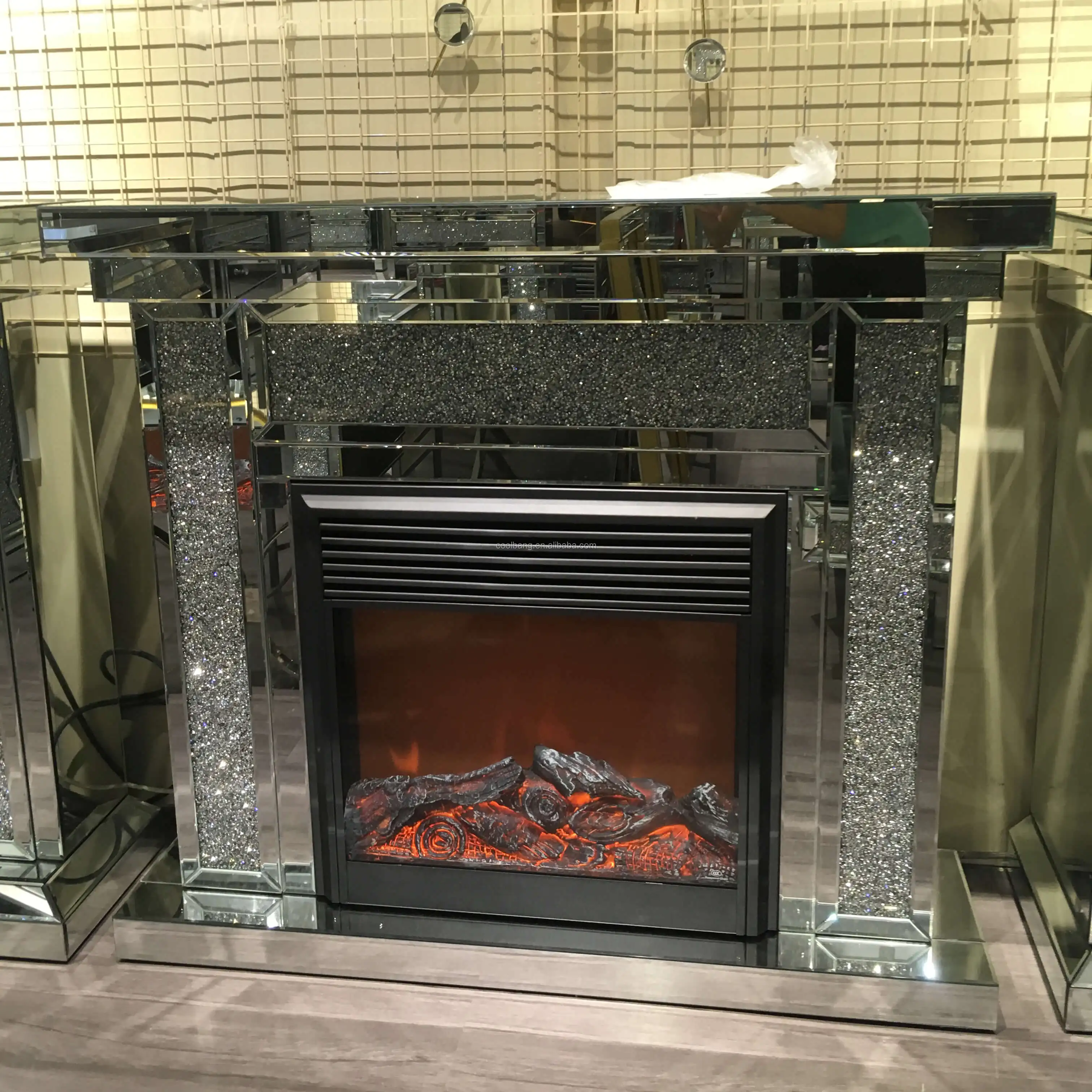 Sparkle Crystal Crushed Diamonds Mirrored Fireplace With Remote Control ...