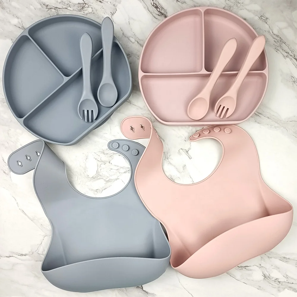 

Toddler Silicone Feeding Set Plate With Cutlery Set And Bib RTS Factory Price Customized Logo, 11 regular color